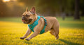 Frenchie BreatheEasy Harness — Fawn French Bulldog running in park wearing teal Y-chest no-pull harness