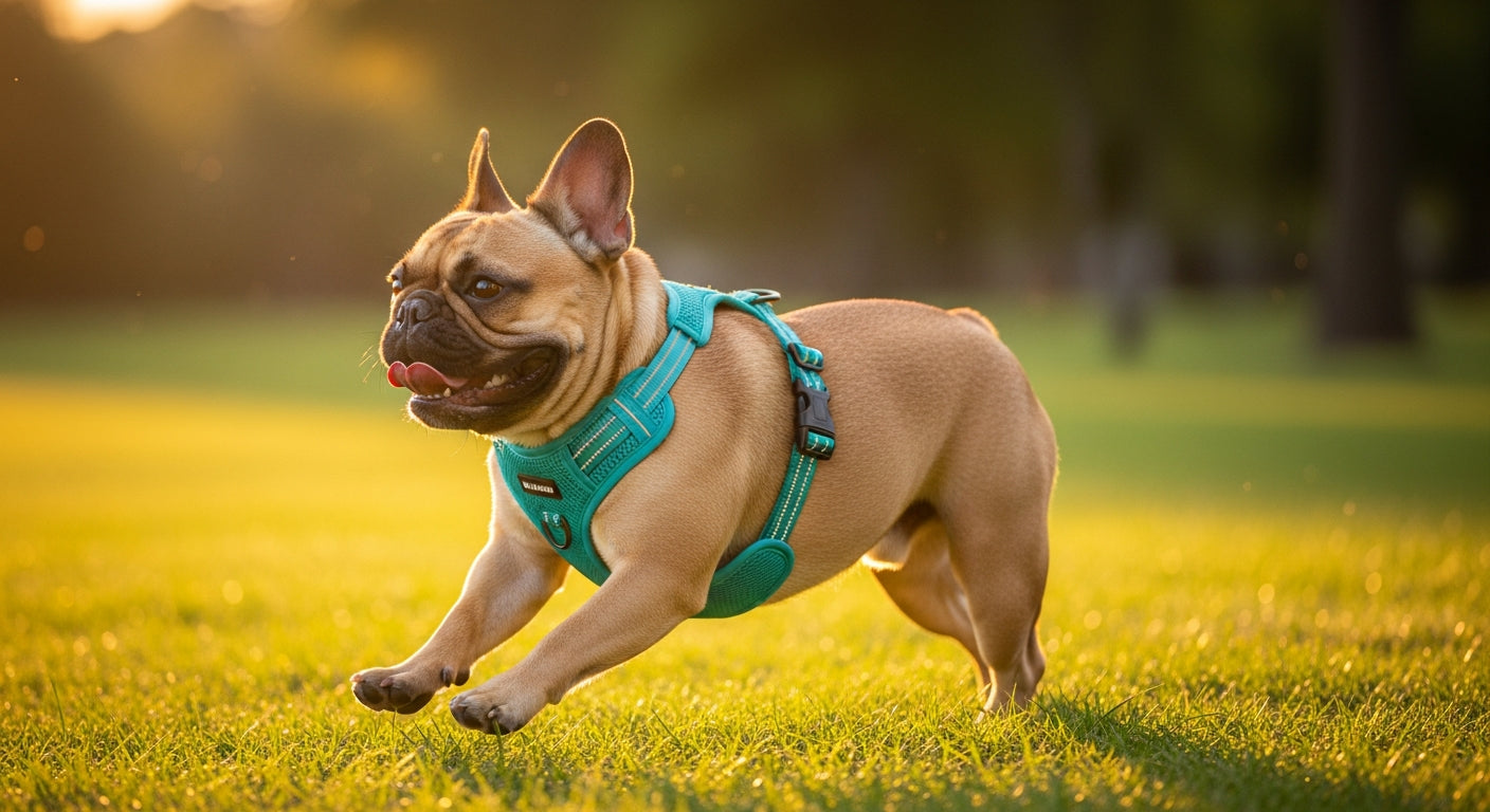 Frenchie BreatheEasy Harness — Fawn French Bulldog running in park wearing teal Y-chest no-pull harness