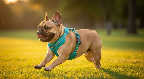 Frenchie BreatheEasy Harness — Fawn French Bulldog running in park wearing teal Y-chest no-pull harness