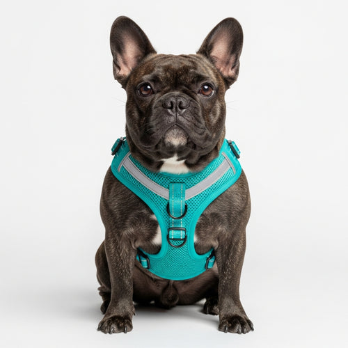 Frenchie BreatheEasy Harness — Brindle French Bulldog sitting on white background, teal breathable mesh harness