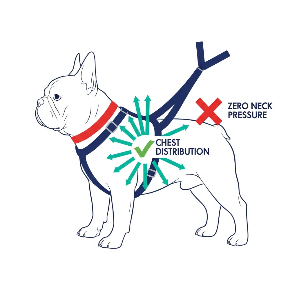 BreatheEasy Harness anatomy — Y-shape distributes pressure on chest, zero neck pressure for French Bulldogs