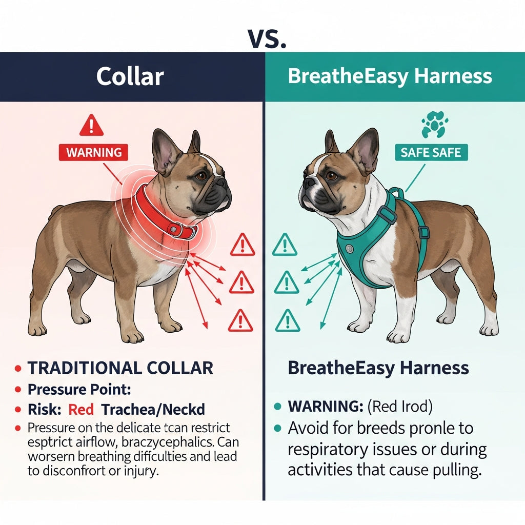 Collar vs BreatheEasy Harness comparison — collar trachea danger vs safe chest harness for Frenchies