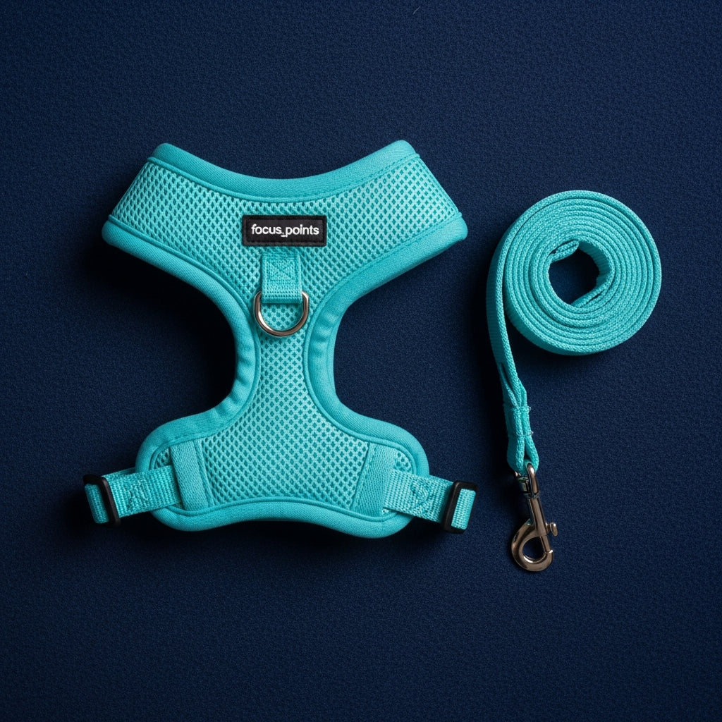 Frenchie BreatheEasy Harness flat lay — teal mesh harness and 150cm leash on navy background