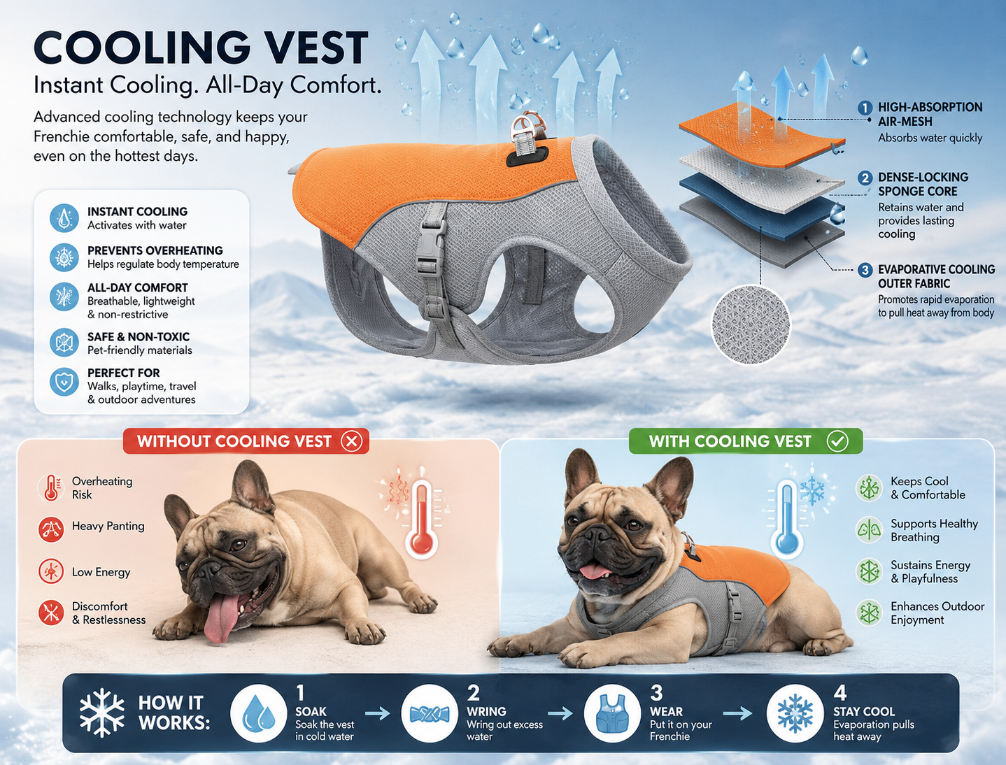 Cooling vest vs no vest comparison: without vest causes overheating and panting, with vest keeps Frenchie cool and comfortable
