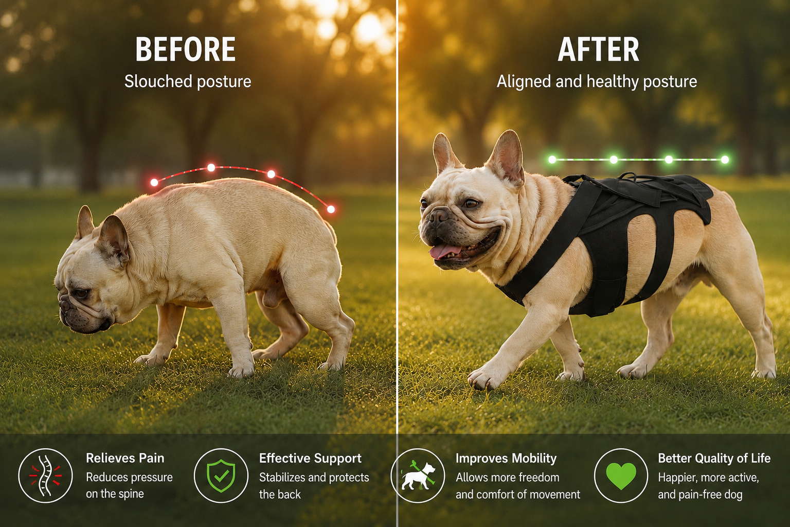 French Bulldog back brace side view showing full spinal coverage and fit