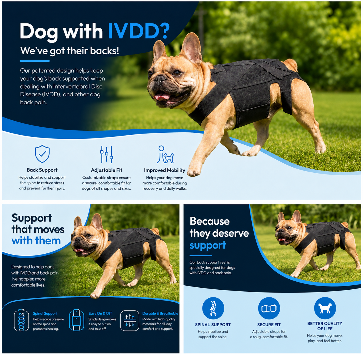 Size guide for French Bulldog back brace — S M L sizing chart