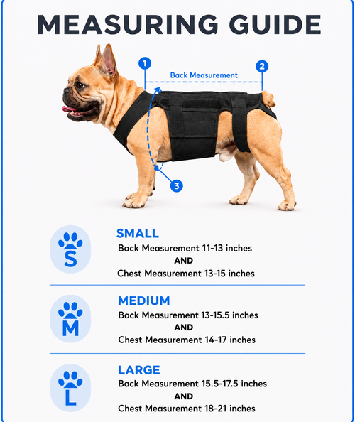 Close-up of French Bulldog back brace adjustable straps and breathable neoprene material