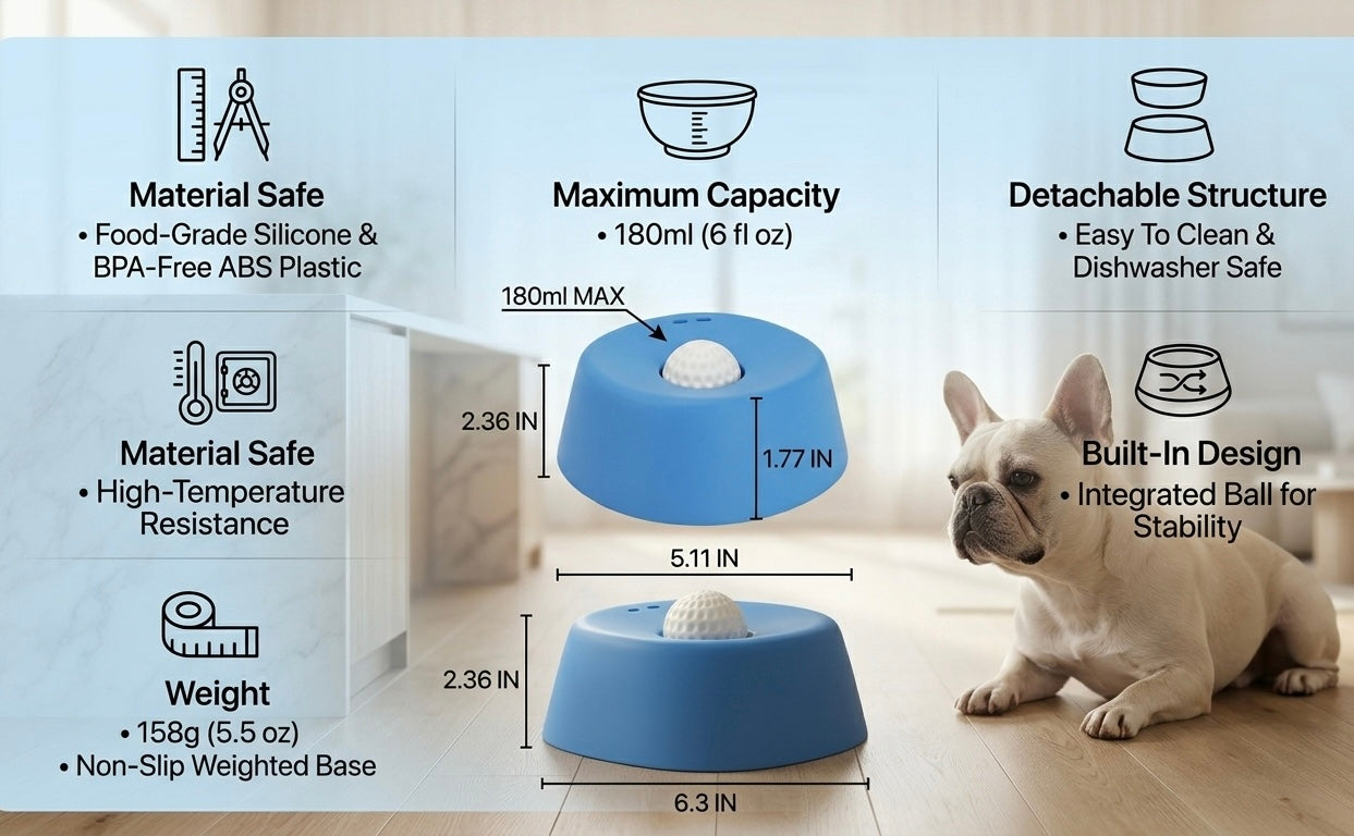 Frenchie Lick Bowl full specs — BPA-free, 180ml, non-slip weighted base