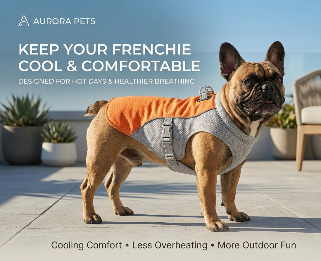 French Bulldog wearing Frenchie Cooling Vest on rooftop patio on a hot sunny day