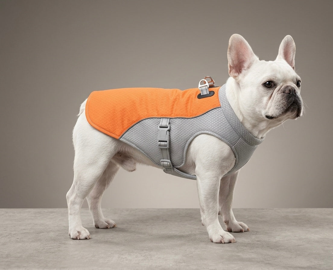 White French Bulldog wearing orange and gray Frenchie Cooling Vest in studio setting