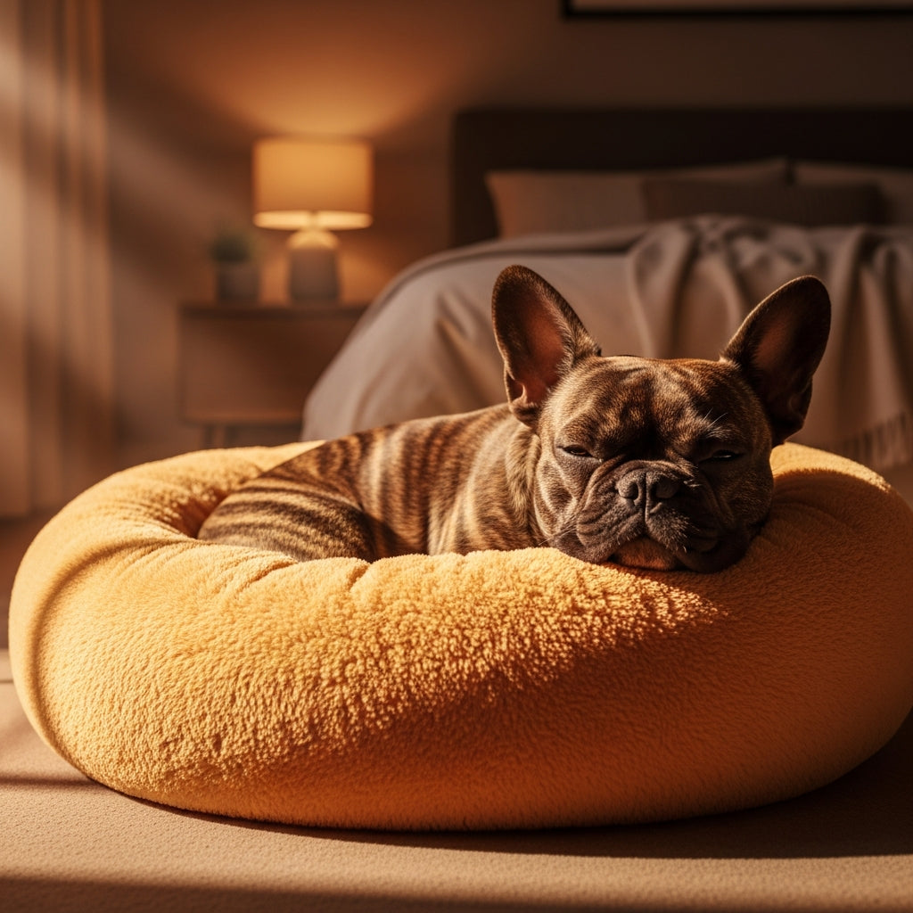 French Bulldog relaxing calm in anti-anxiety donut bed