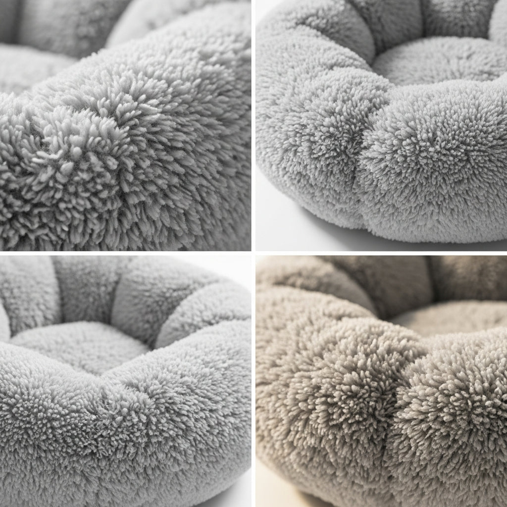 Calming donut bed sherpa fur texture close-up raised bolster edges