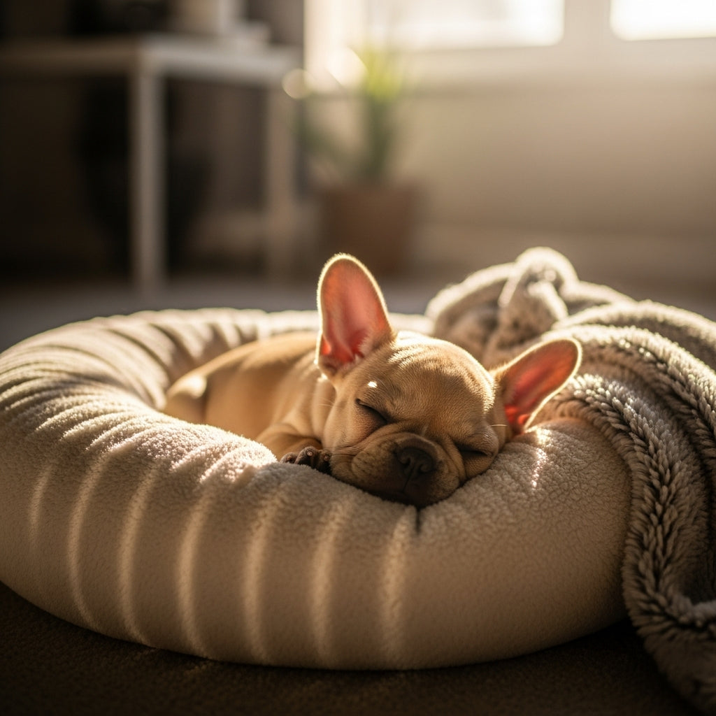 French Bulldog puppy napping in calming donut bed