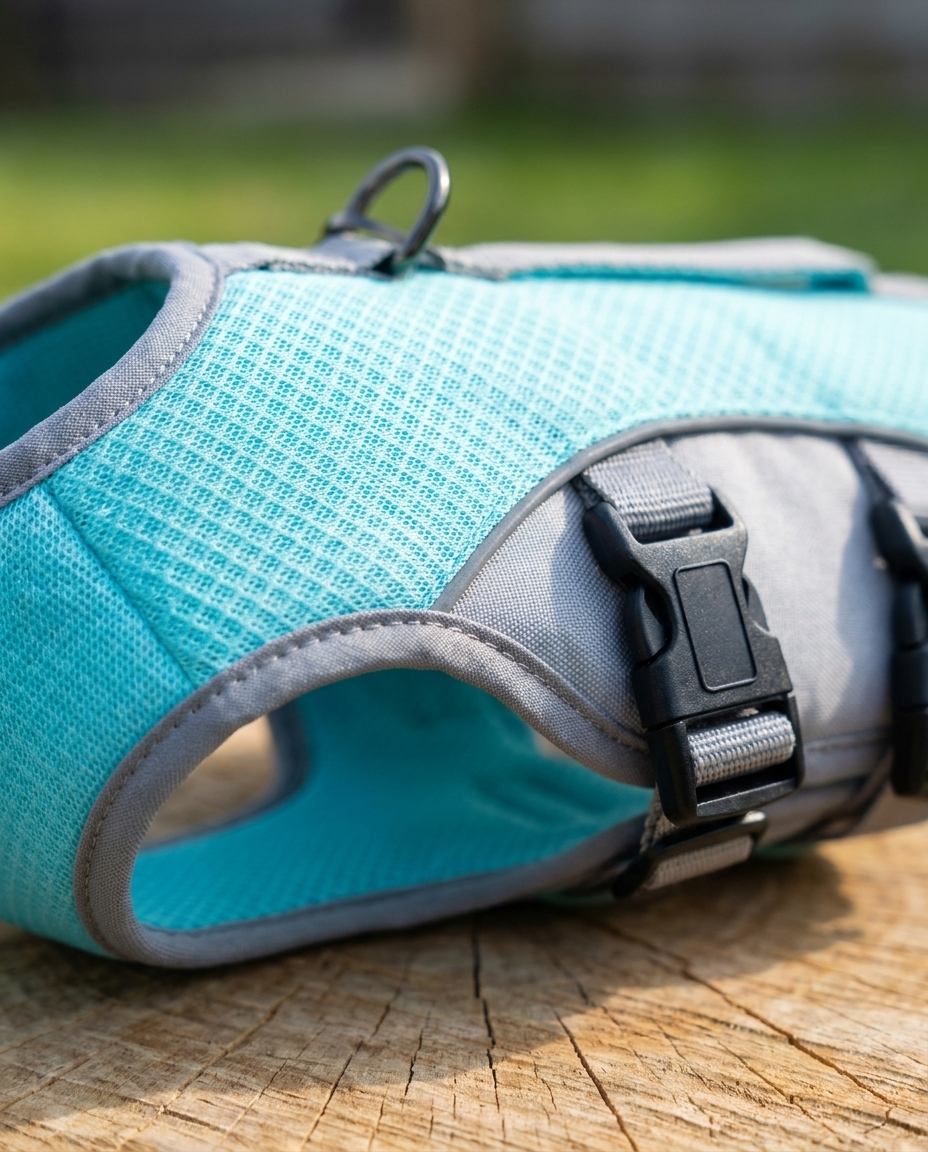 Frenchie Cooling Vest turquoise fabric and buckle detail