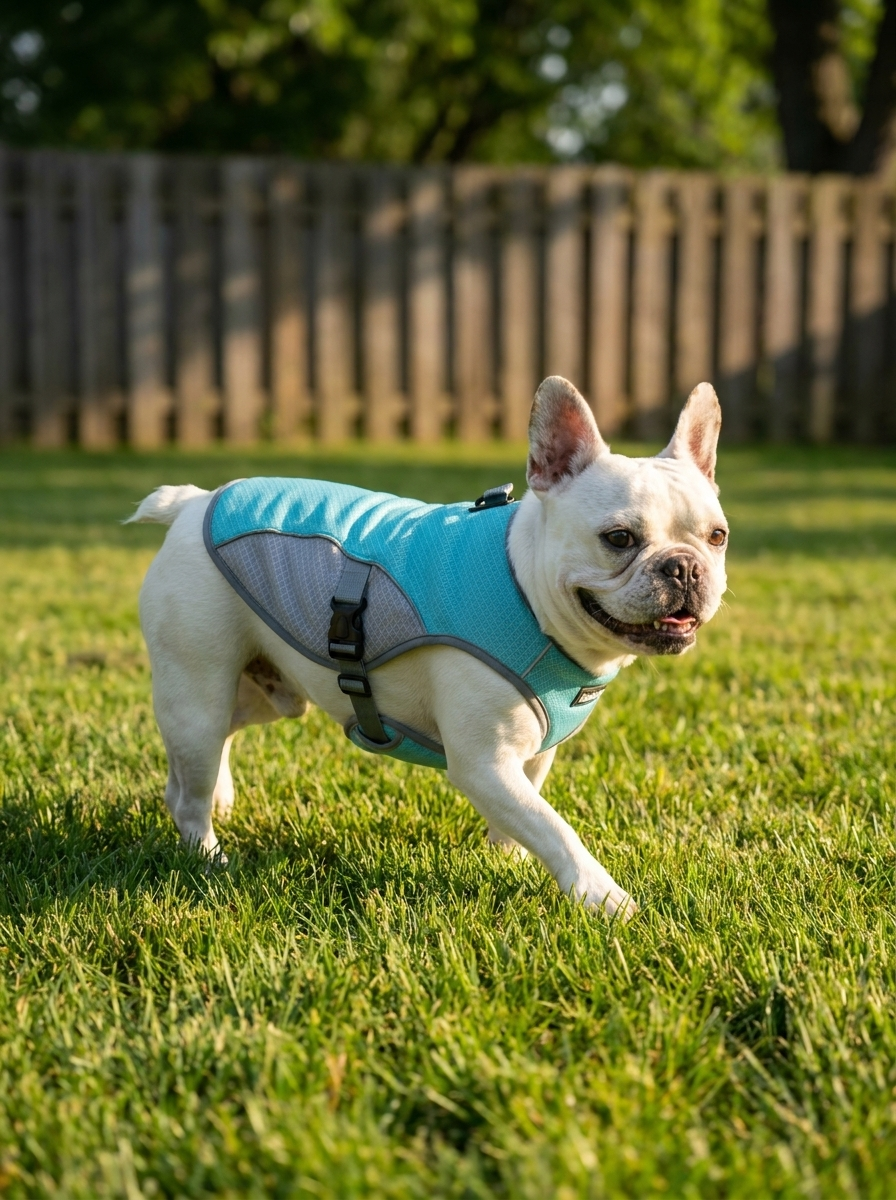 French Bulldog walking outdoors wearing turquoise Frenchie Cooling Vest