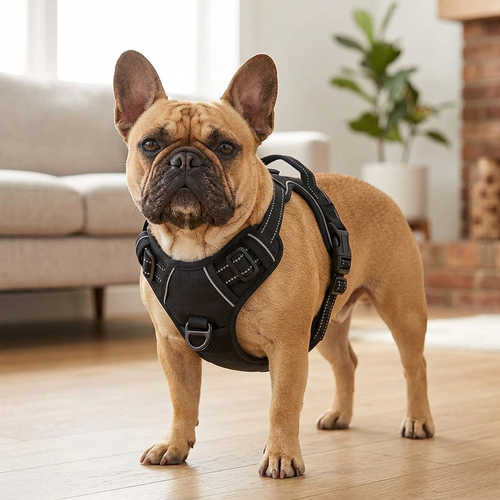 Fawn French Bulldog wearing the black BreatheEasy Harness V2 — padded chest panel and front D-ring
