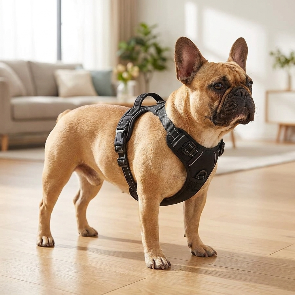 Adult French Bulldog in the no-pull vest harness showing the broad chest fit