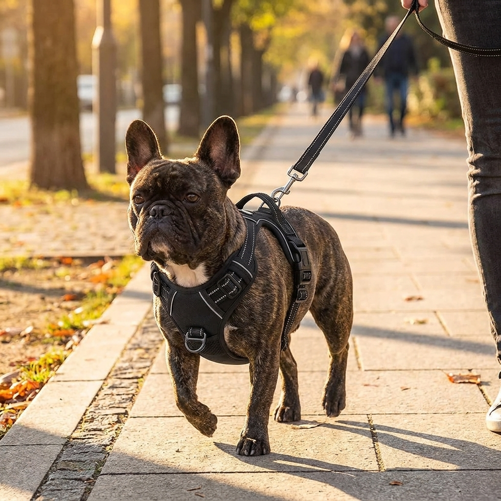 French Bulldog walking comfortably in the BreatheEasy Harness V2, side view
