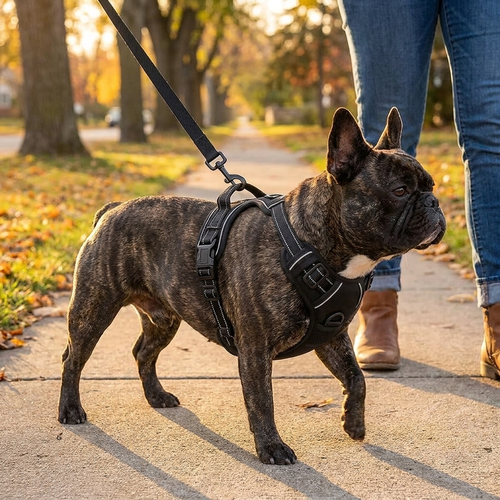 Brindle French Bulldog on a walk wearing the harness with the leash on the front no-pull ring