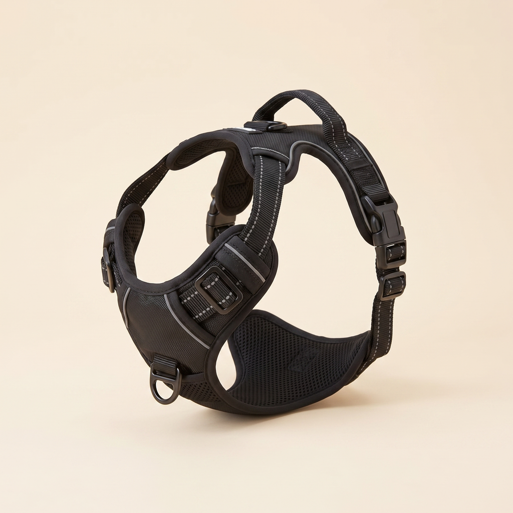 LilFrenchy BreatheEasy Harness V2 — black no-pull vest with front D-ring, padded chest panel and padded top handle