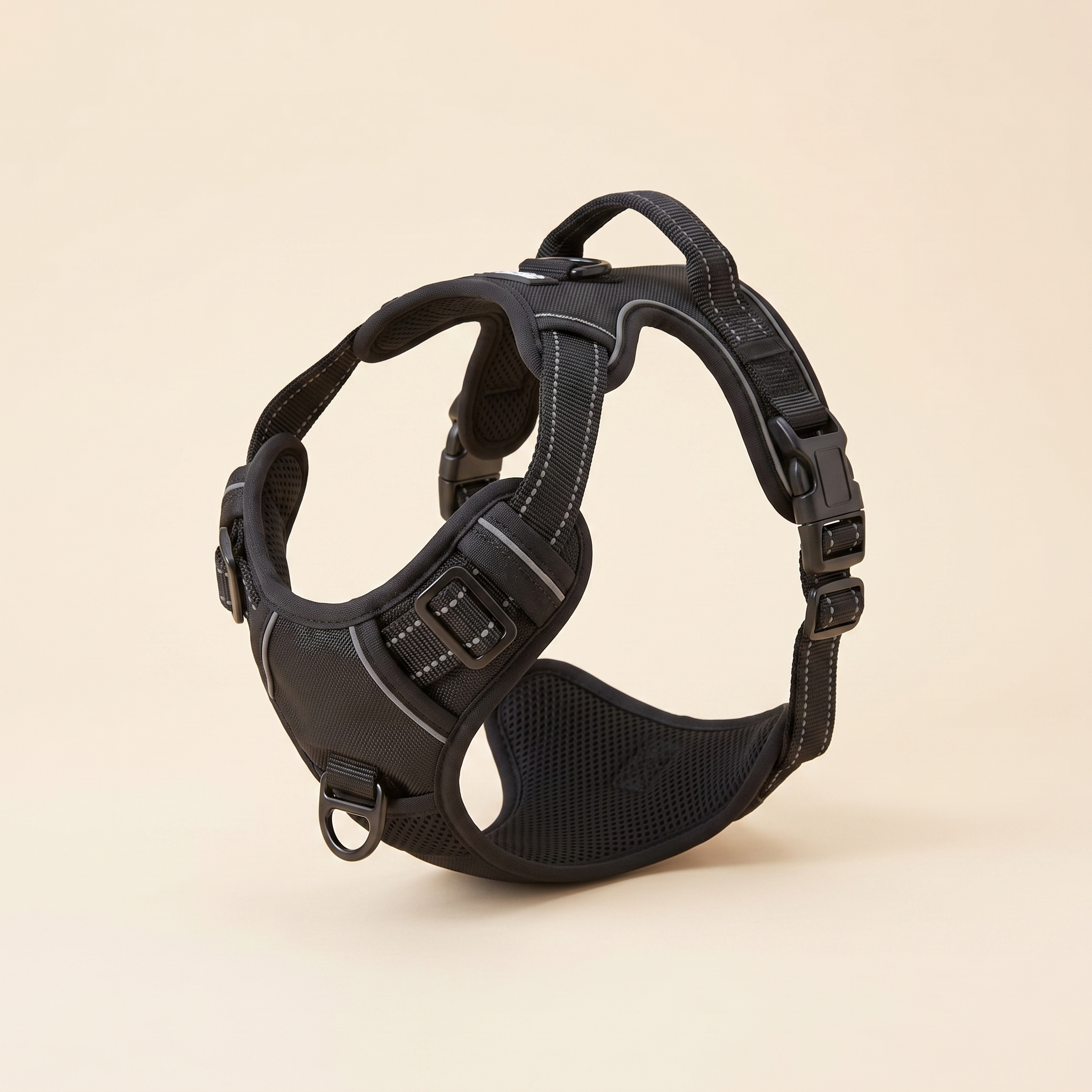 LilFrenchy BreatheEasy Harness V2 — black no-pull vest with front D-ring, padded chest panel and padded top handle