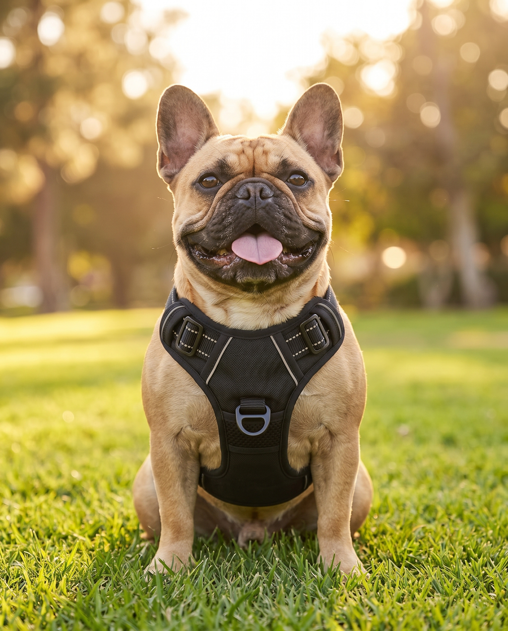 Fawn French Bulldog sitting in a sunny park wearing the black BreatheEasy Harness V2