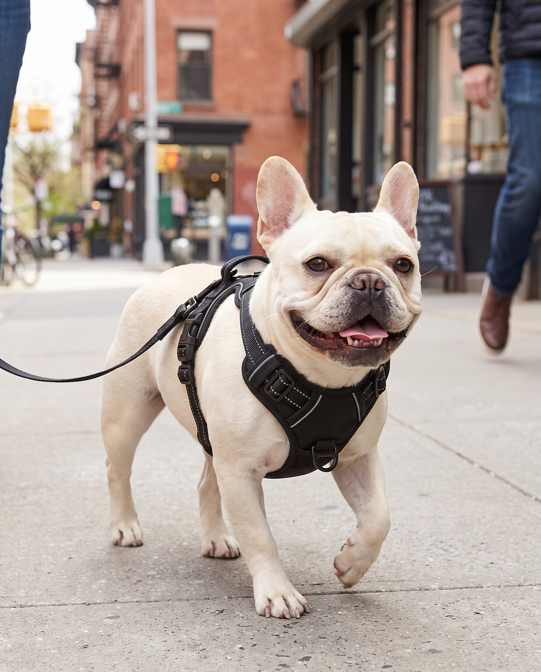 French Bulldog on a city walk with the leash on the front no-pull D-ring of the BreatheEasy Harness V2