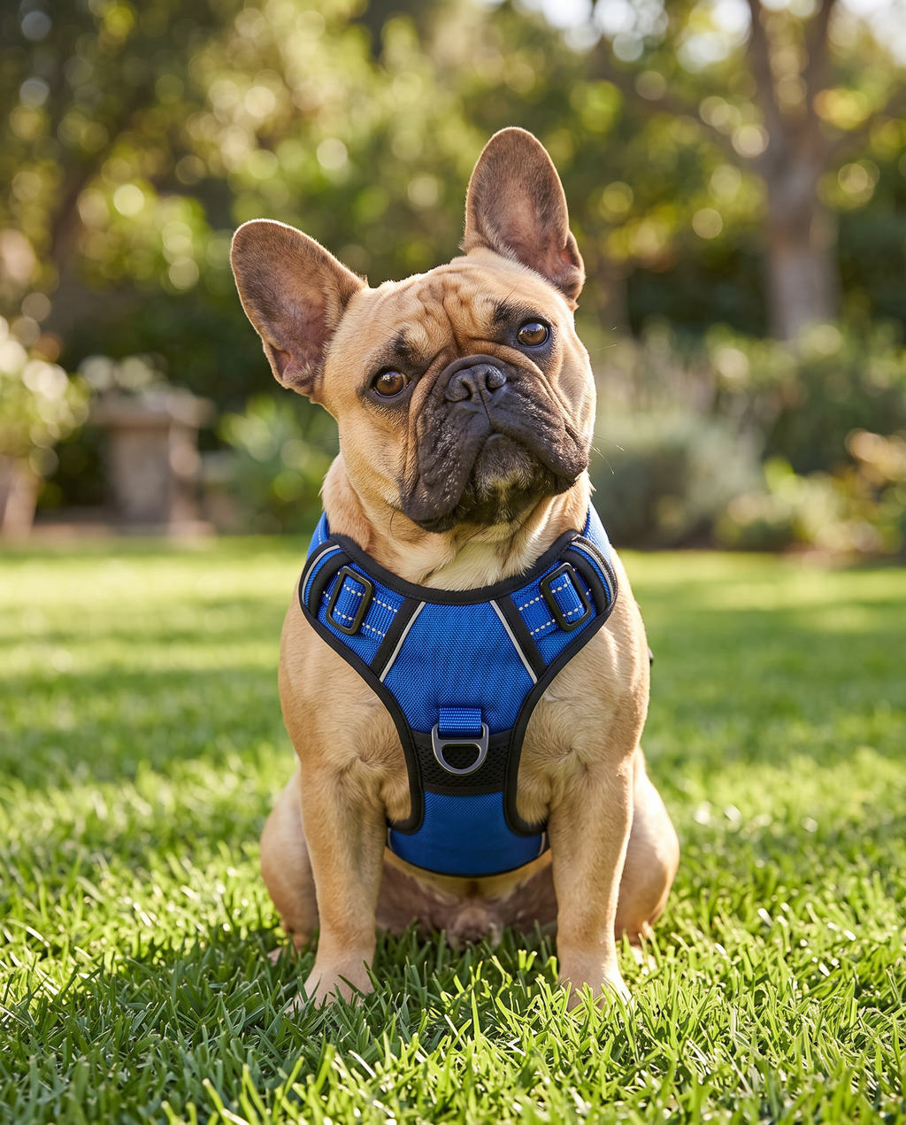 French Bulldog wearing the BreatheEasy Harness V2 in blue, one of the color options