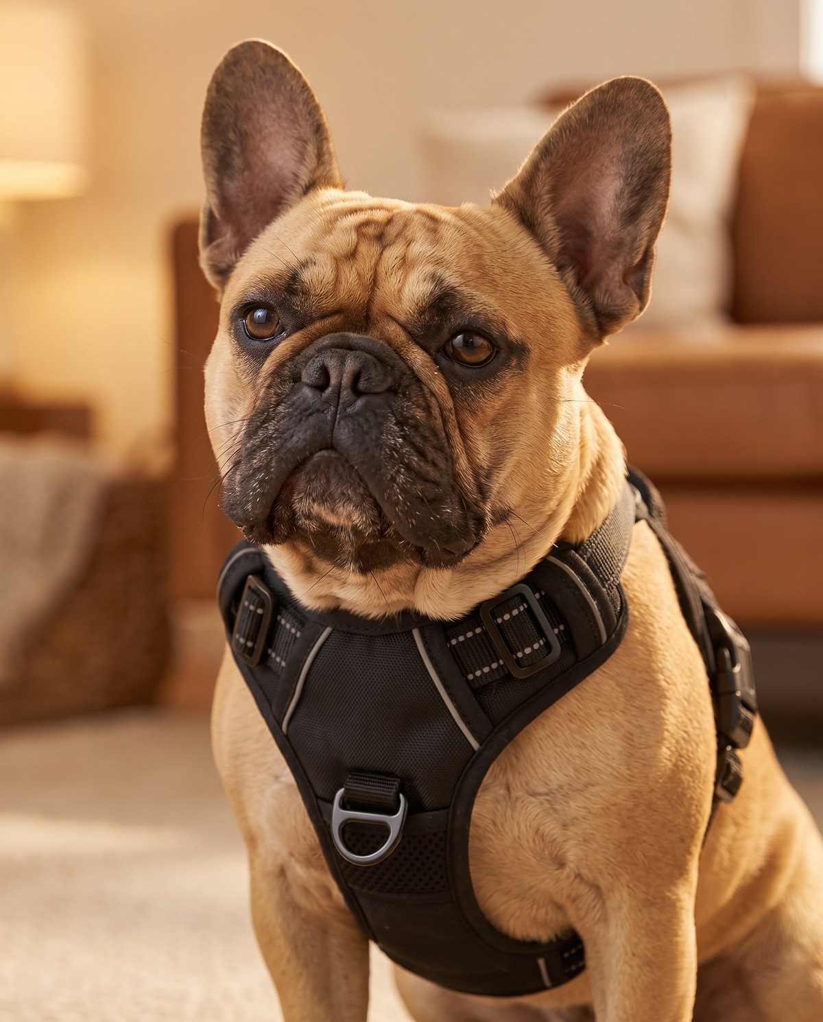 Close-up of a French Bulldog showing the padded chest panel fit of the BreatheEasy Harness V2