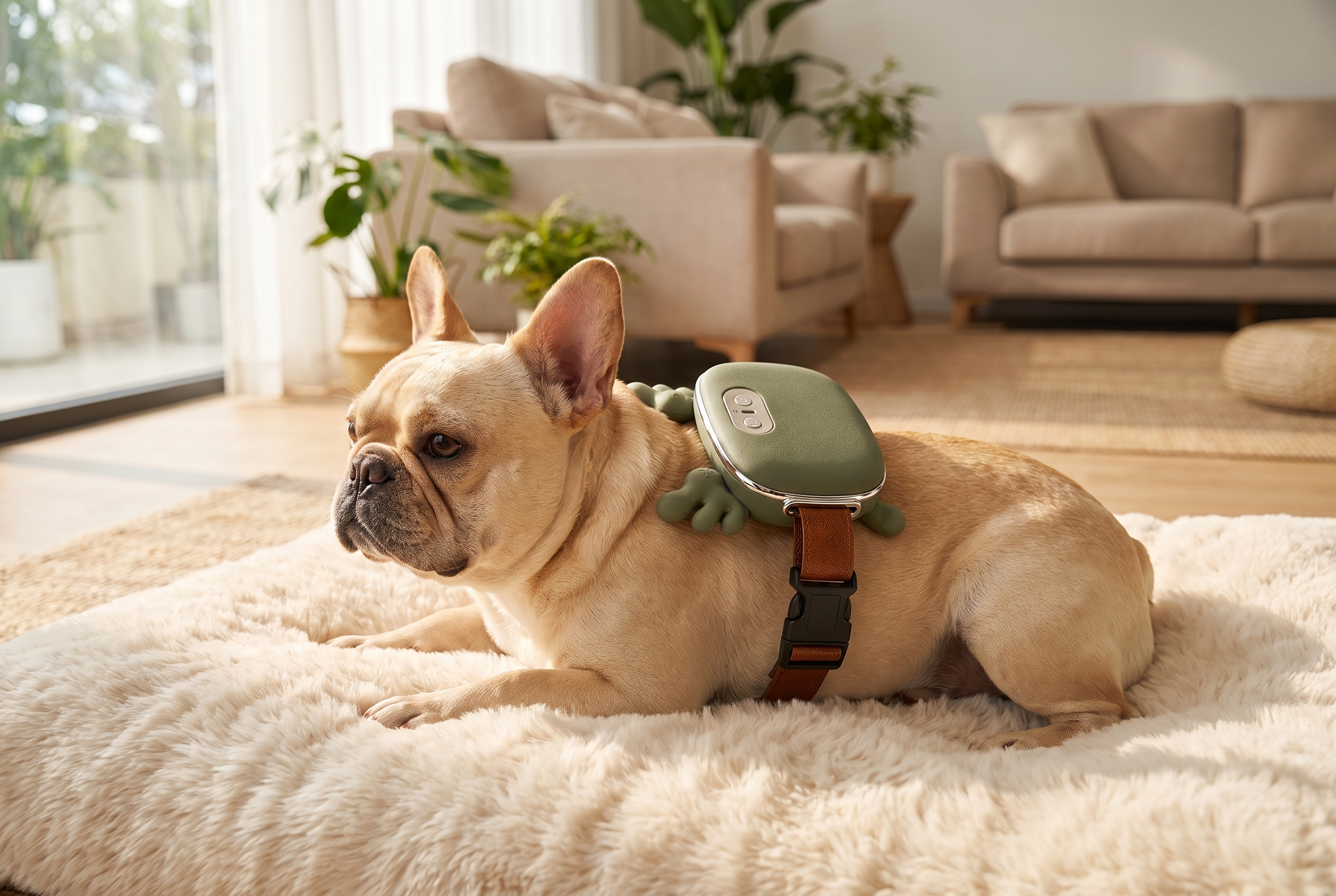 French Bulldog relaxing with CalmPaws massager