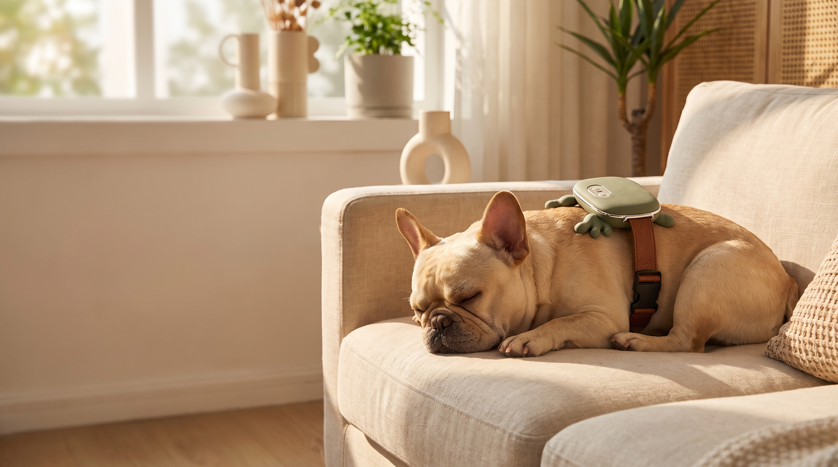 French Bulldog napping with CalmPaws on couch