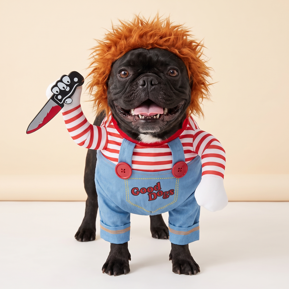 French Bulldog wearing the Deadly Doll costume, studio alt