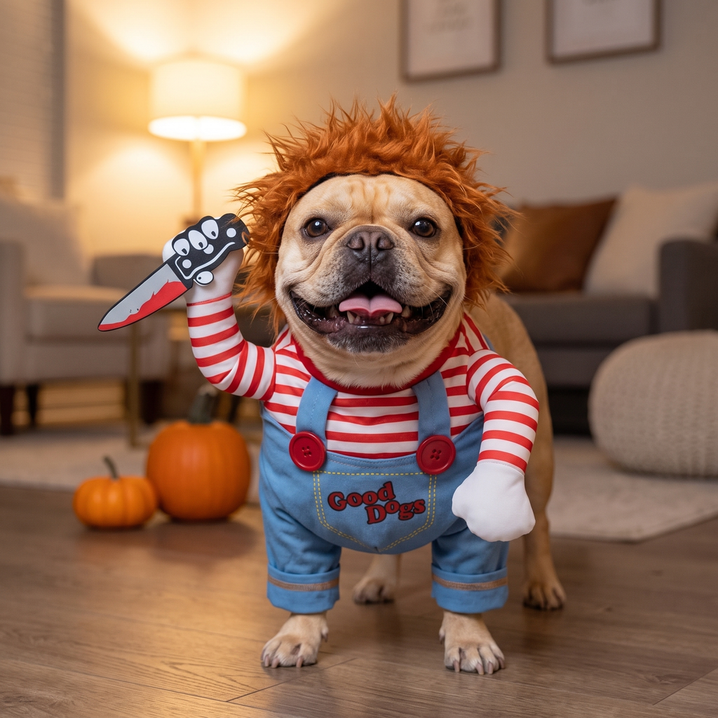 Fawn French Bulldog wearing the Deadly Doll costume at home
