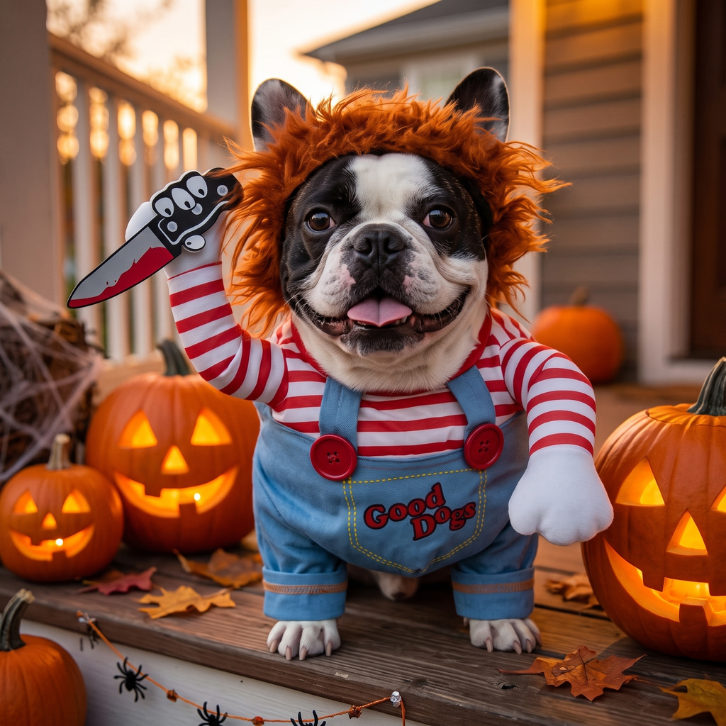 French Bulldog in the Deadly Doll costume on a Halloween porch