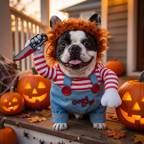 French Bulldog in the Deadly Doll costume on a Halloween porch