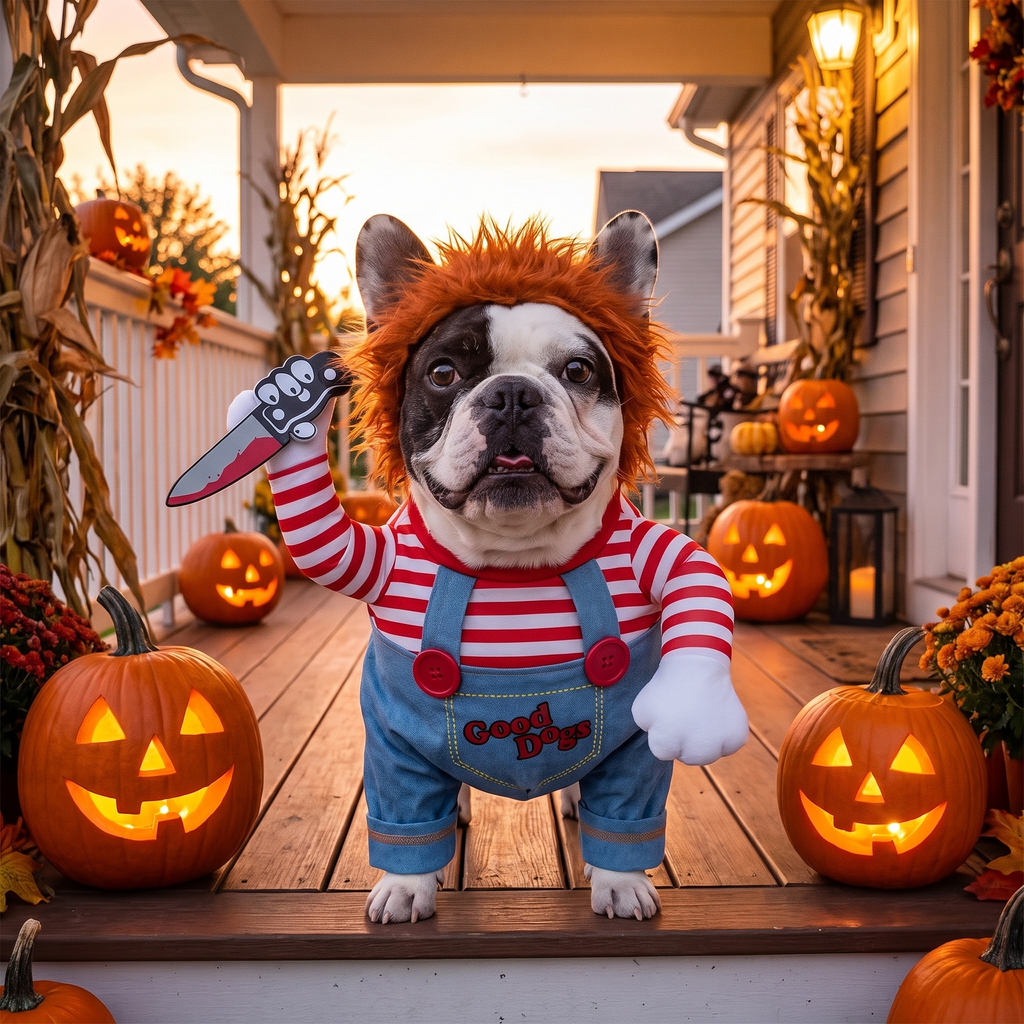 French Bulldog in the Deadly Doll costume with jack-o-lanterns