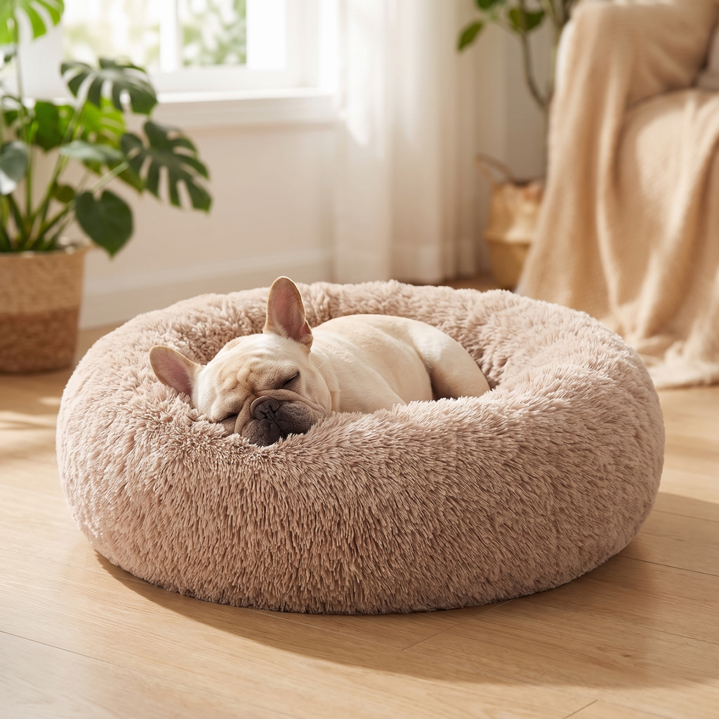 Frenchie Calming Donut Bed — Plush Faux-Fur Cuddler (Camel)