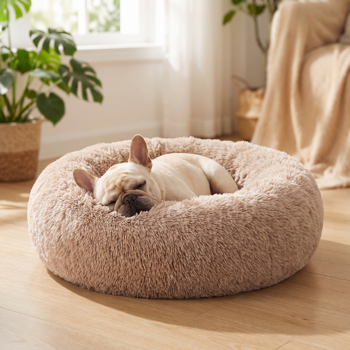 Frenchie Calming Donut Bed — Plush Faux-Fur Cuddler (Camel)