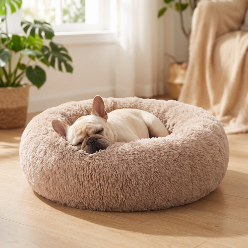 Frenchie Calming Donut Bed — Plush Faux-Fur Cuddler (Camel)