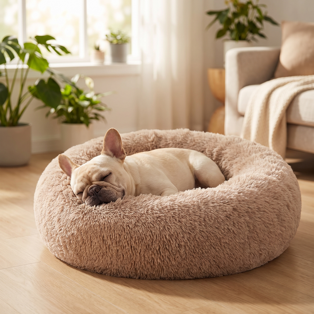 Fawn French Bulldog curled up in the camel donut bed