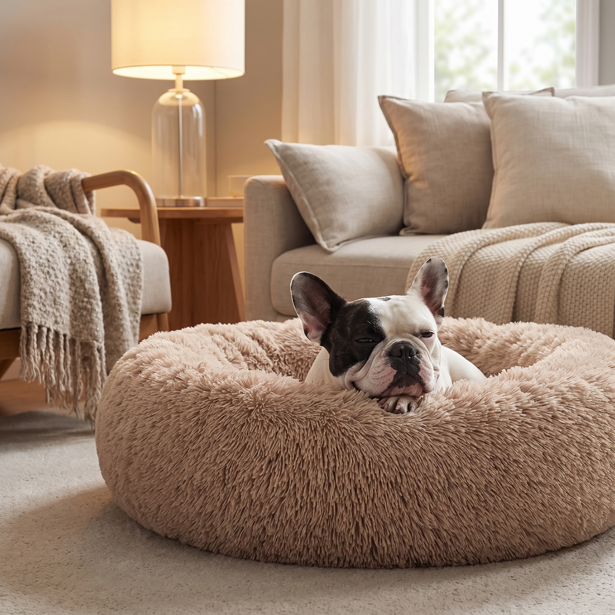 French Bulldog relaxing in the camel calming donut bed
