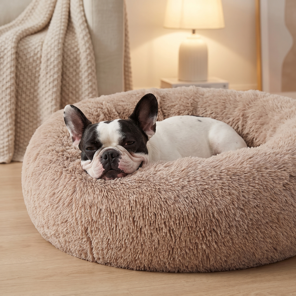 French Bulldog resting in the camel calming donut bed at home
