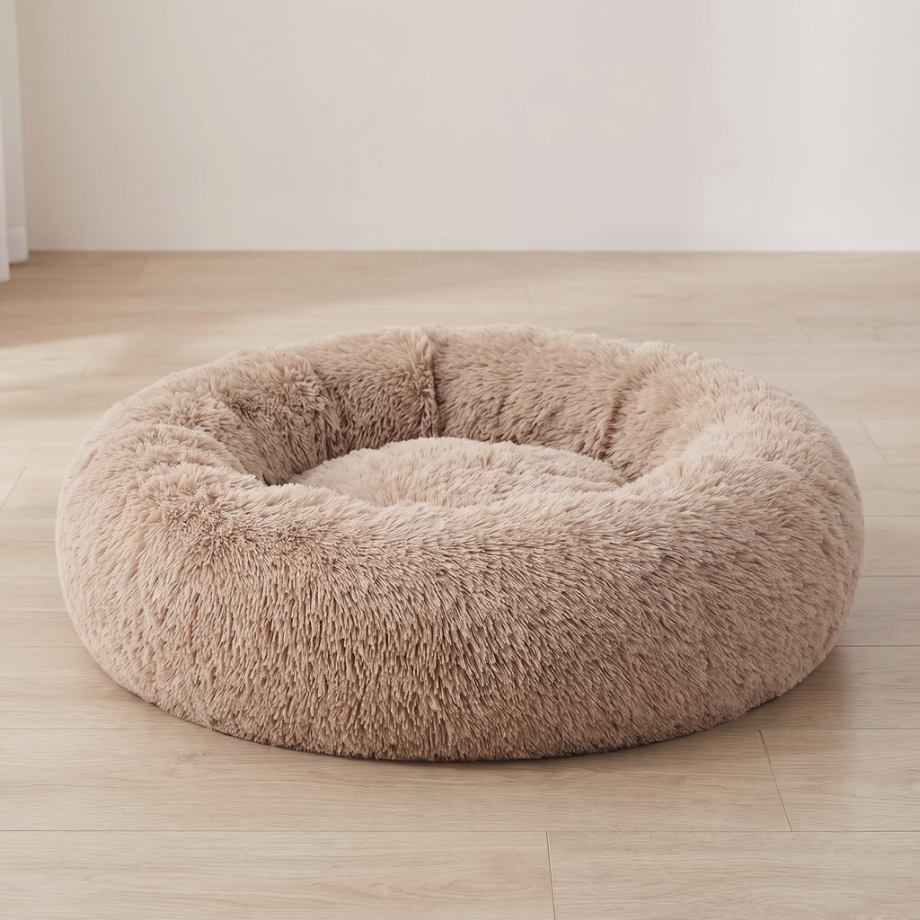 Camel fluffy calming donut dog bed, product shot