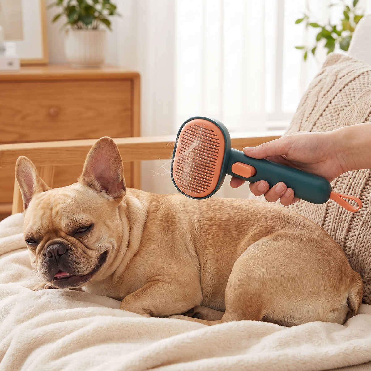 Owner gently brushing a happy French Bulldog