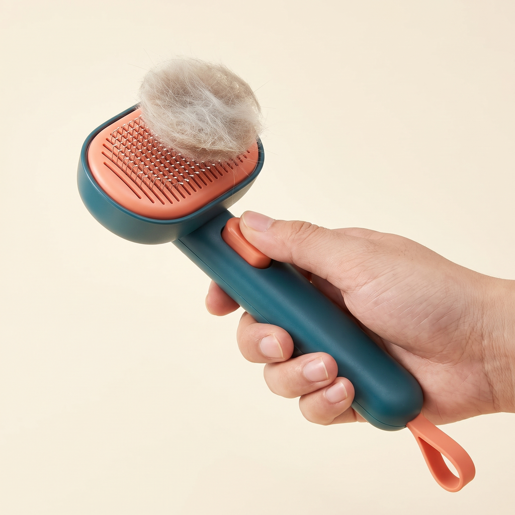 One-press self-cleaning: fur lifts off the brush