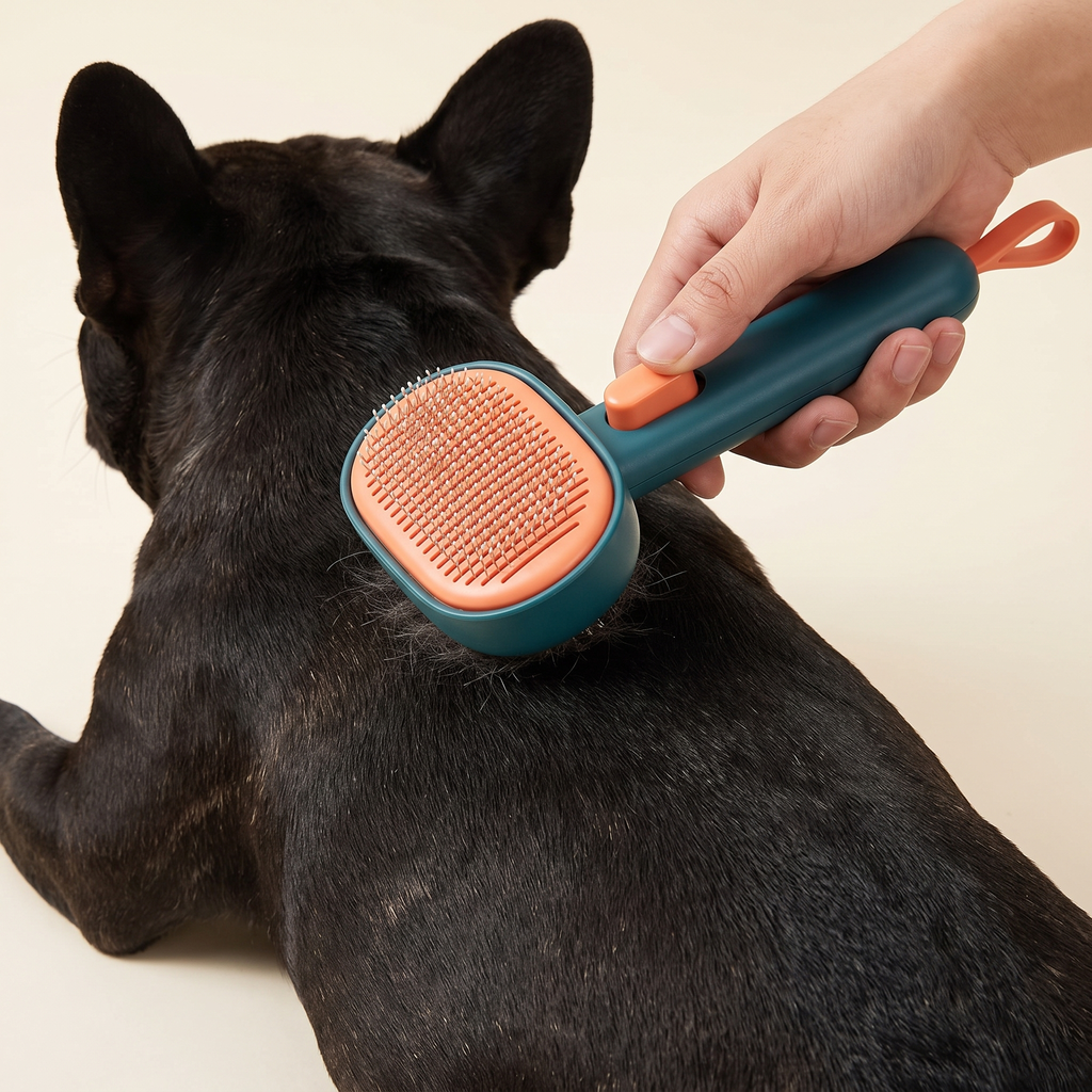 Brush lifting loose fur from a French Bulldog coat