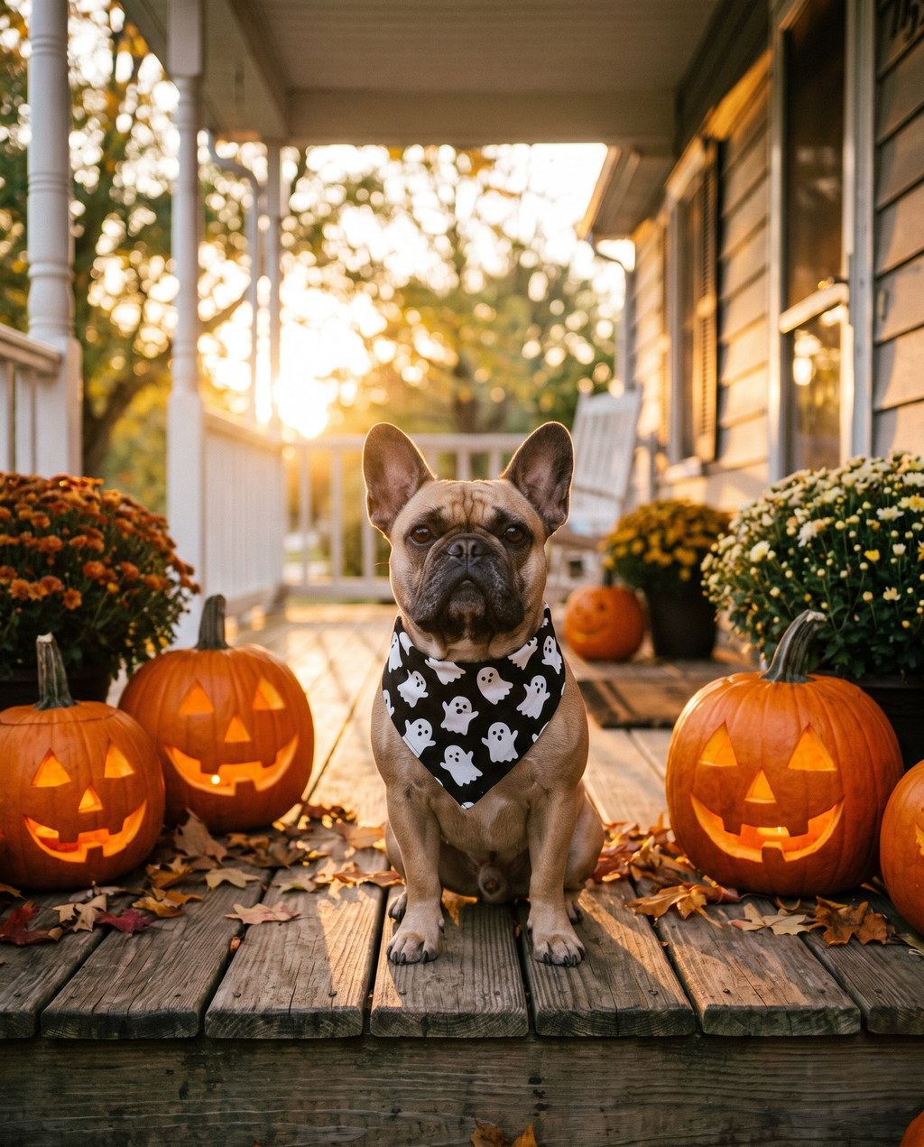 French Bulldog in ghost Halloween bandana on porch with pumpkins
