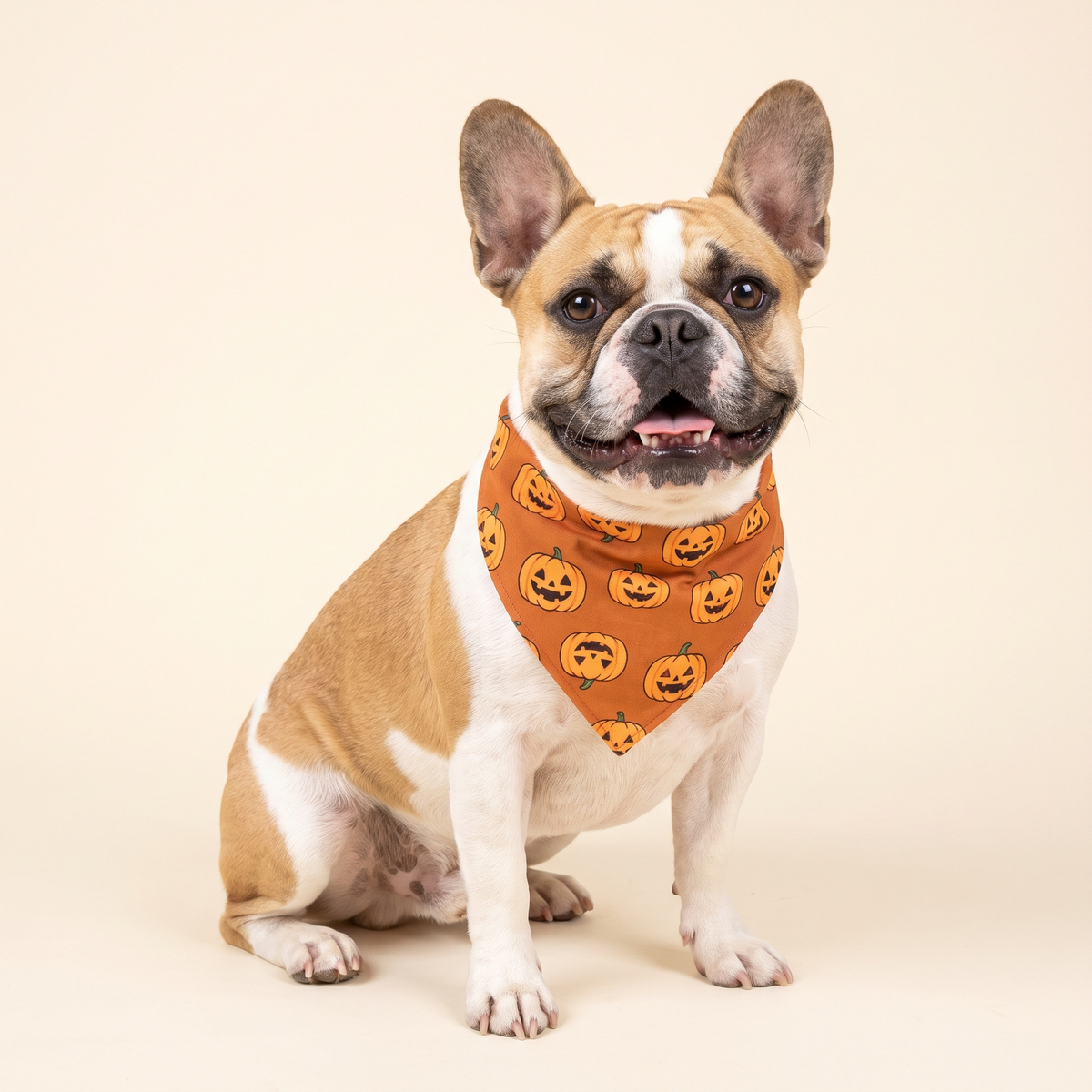 French Bulldog wearing orange pumpkin Halloween bandana