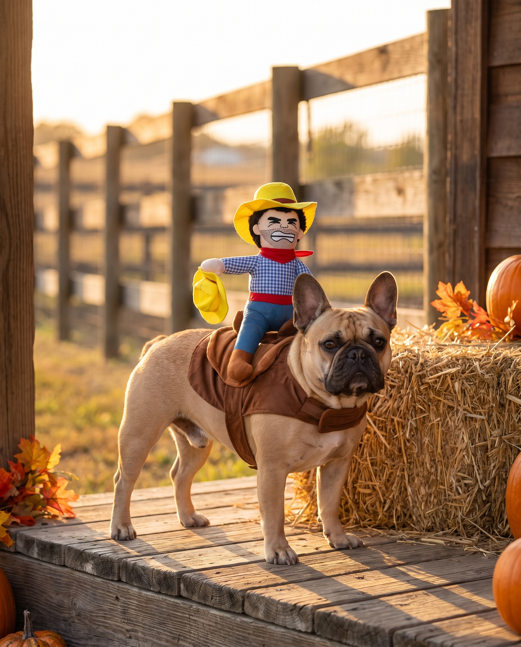 Frenchie in cowboy rider costume on ranch porch