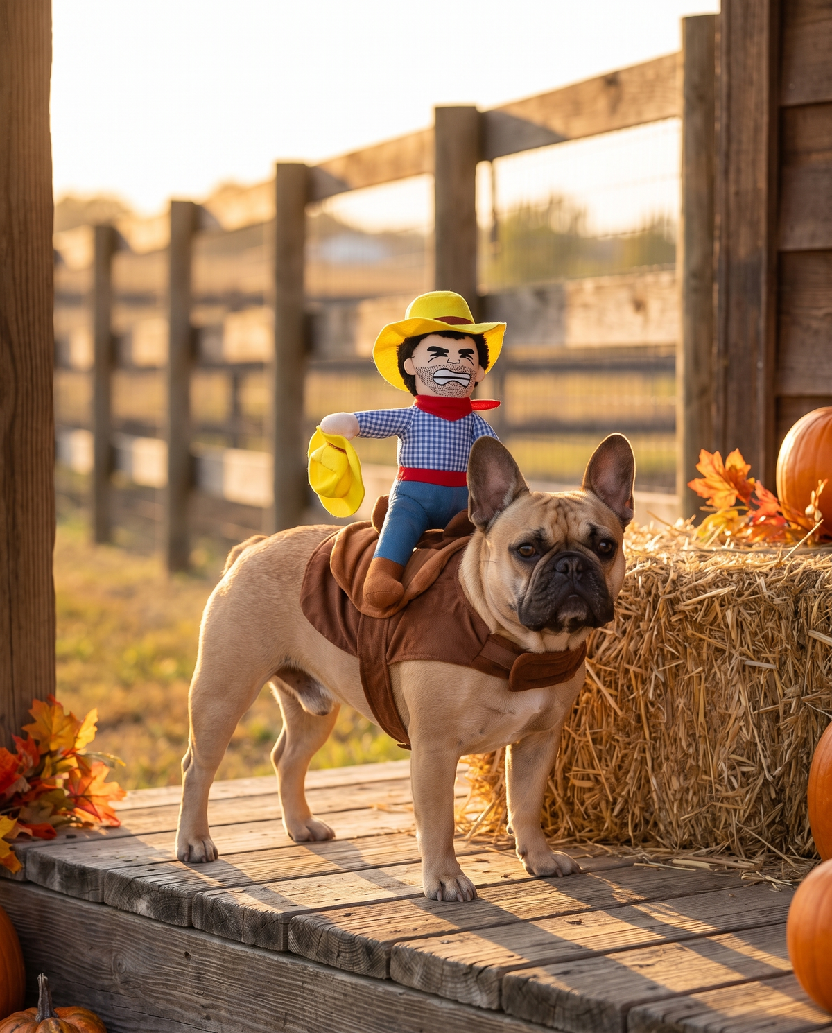 Frenchie in cowboy rider costume on ranch porch